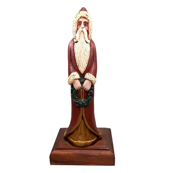 Skinny Santa Claus Figurine Handpainted Wreath Wooden Base Holiday Rustic - Picture 1 of 11